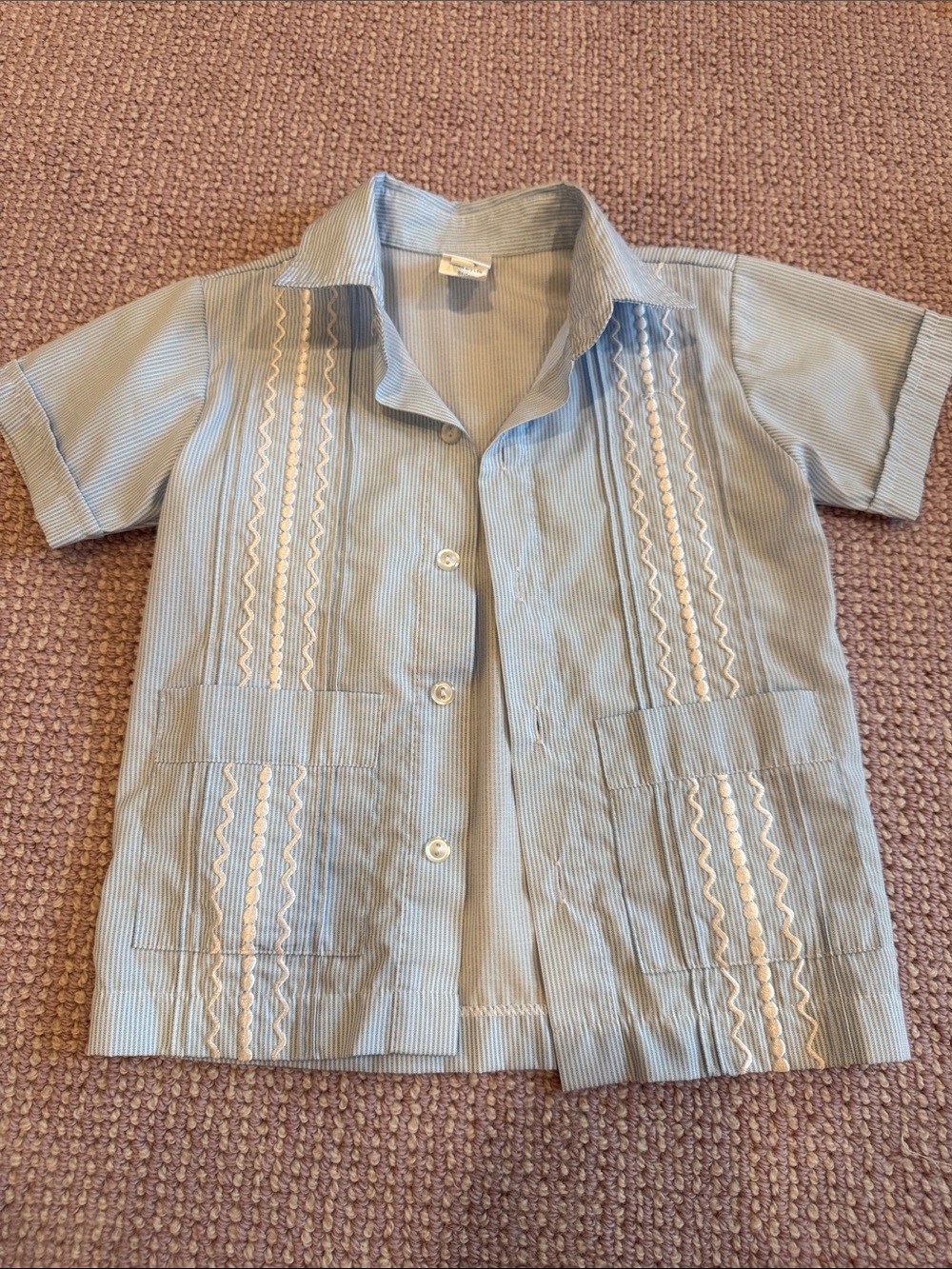 Light Blue Embroidered Short-Sleeve Button-Down Guayabera for Kids
